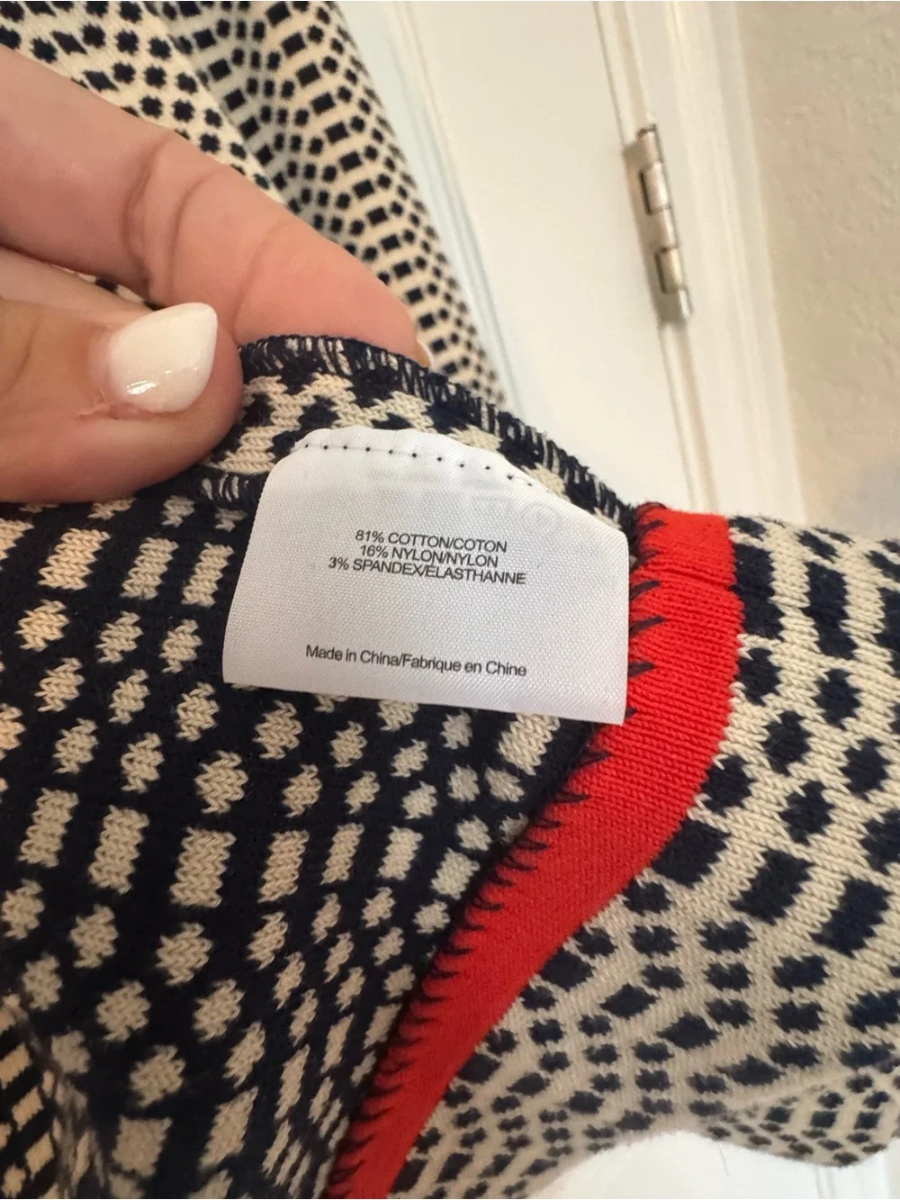 Tory Burch Navy and Cream Geometric Knit Jacket with Logo Tag